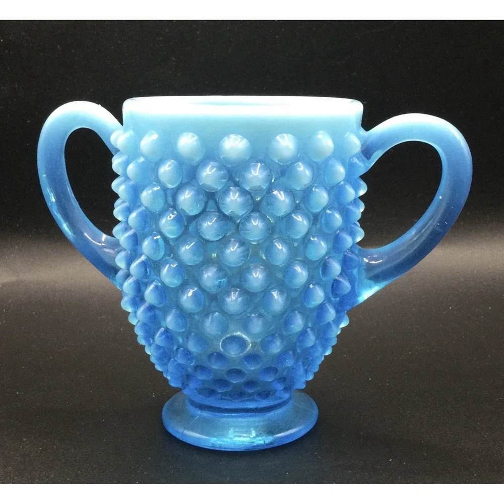 Fenton Blue Opalescent Art Glass Hobnail Sugar Bowl  3.25